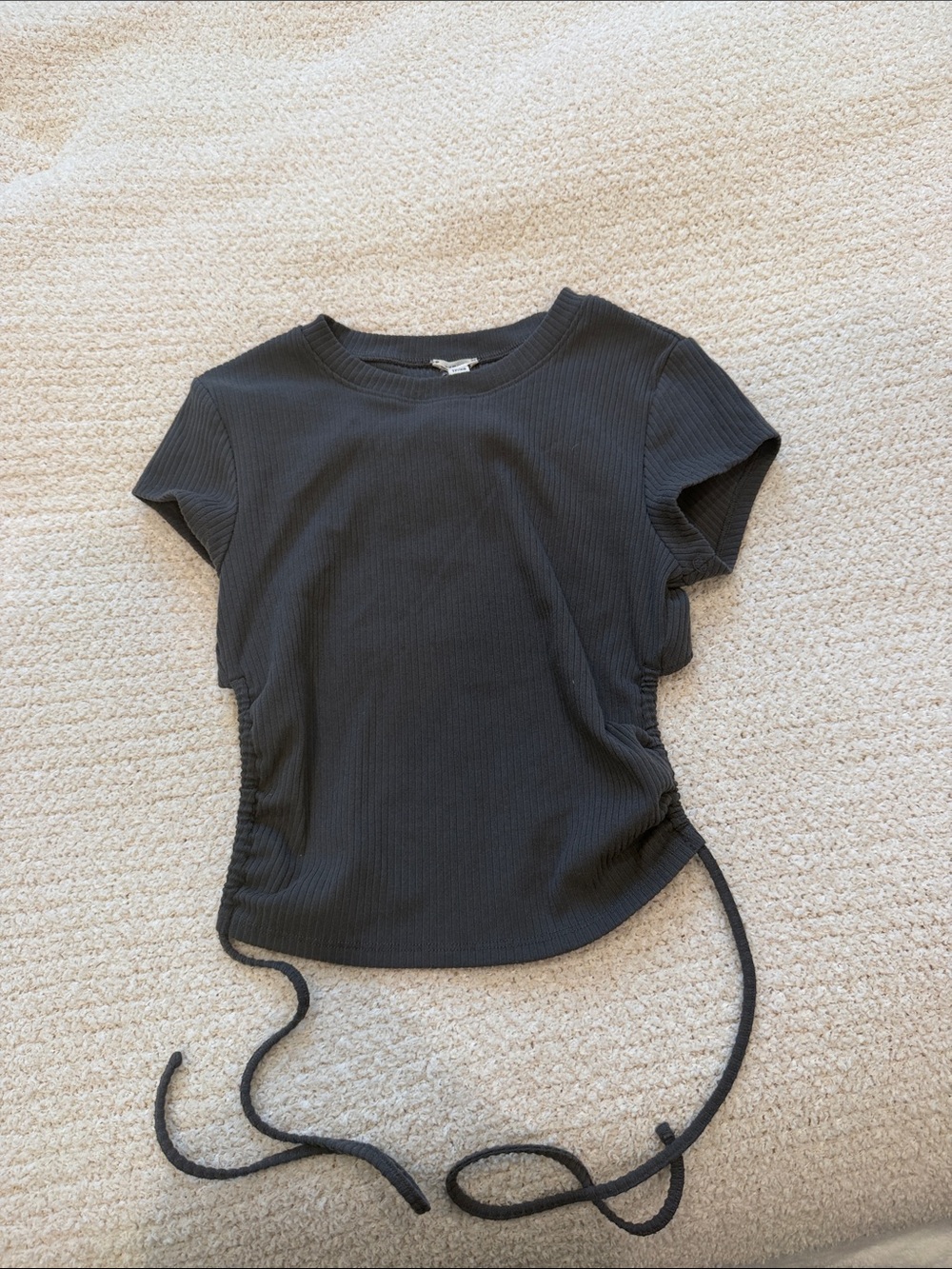 Ribbed Side-Tie Short Sleeve Top - Black